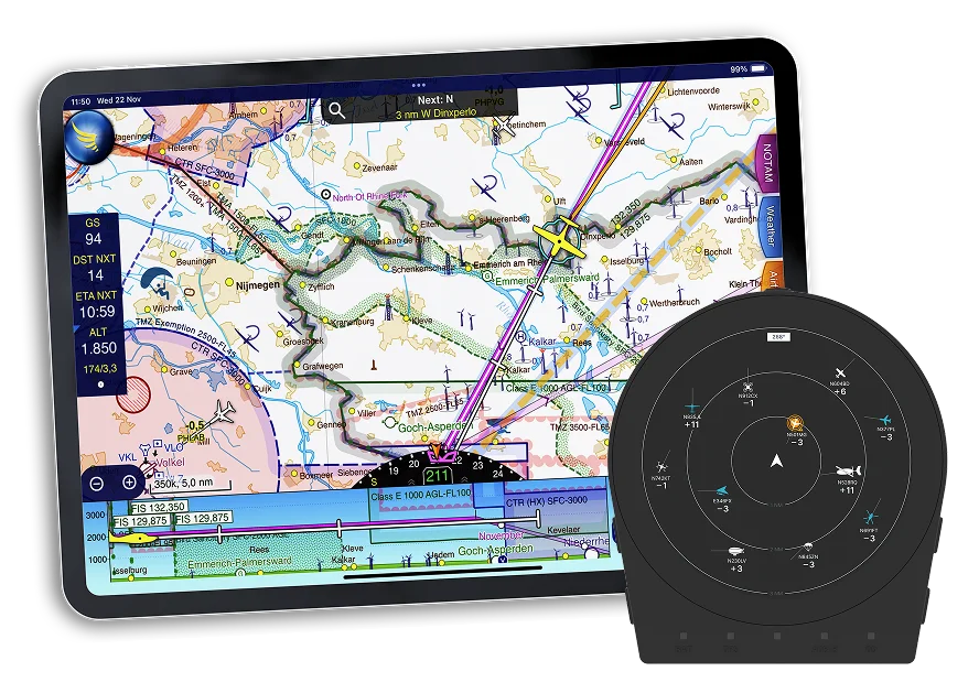 SkyRecon device paired with a tablet running a navigation app